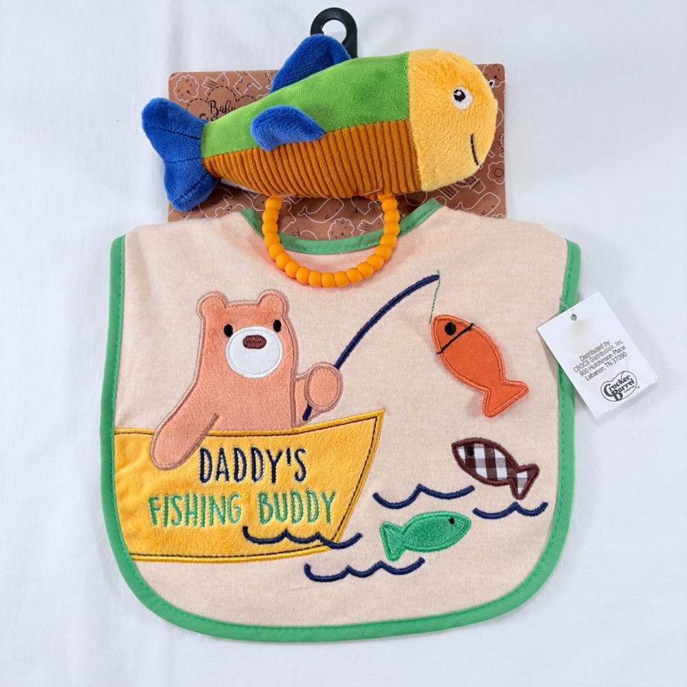 Baby Essentials Bib Teether Toy Daddy's Fishing Buddy Bear